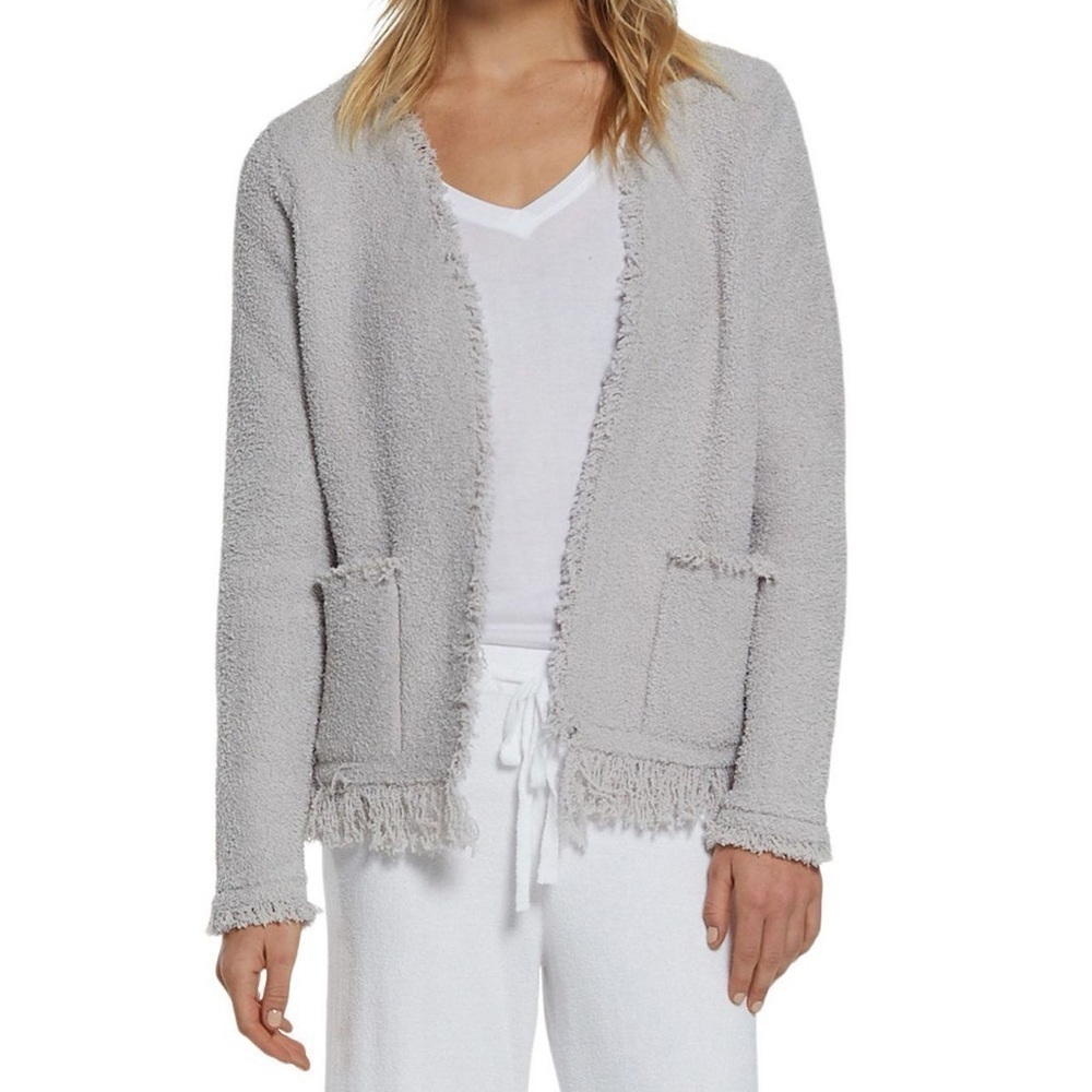 Barefoot Dreams CozyChic Women’s Fringed Gray Teddy Cardigan Jacket Size XL